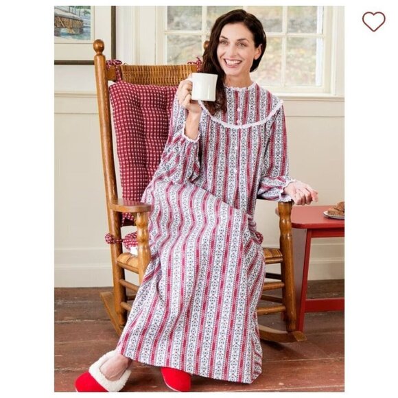 Lanz Classic Tyrolean Cotton Flannel Nightgown Red White Size L - Picture 3 of 7